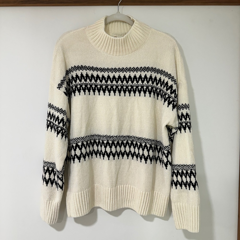 Christian Siriano New York Chenille Sweater Womens XL Cream Black Fair Isle Mock